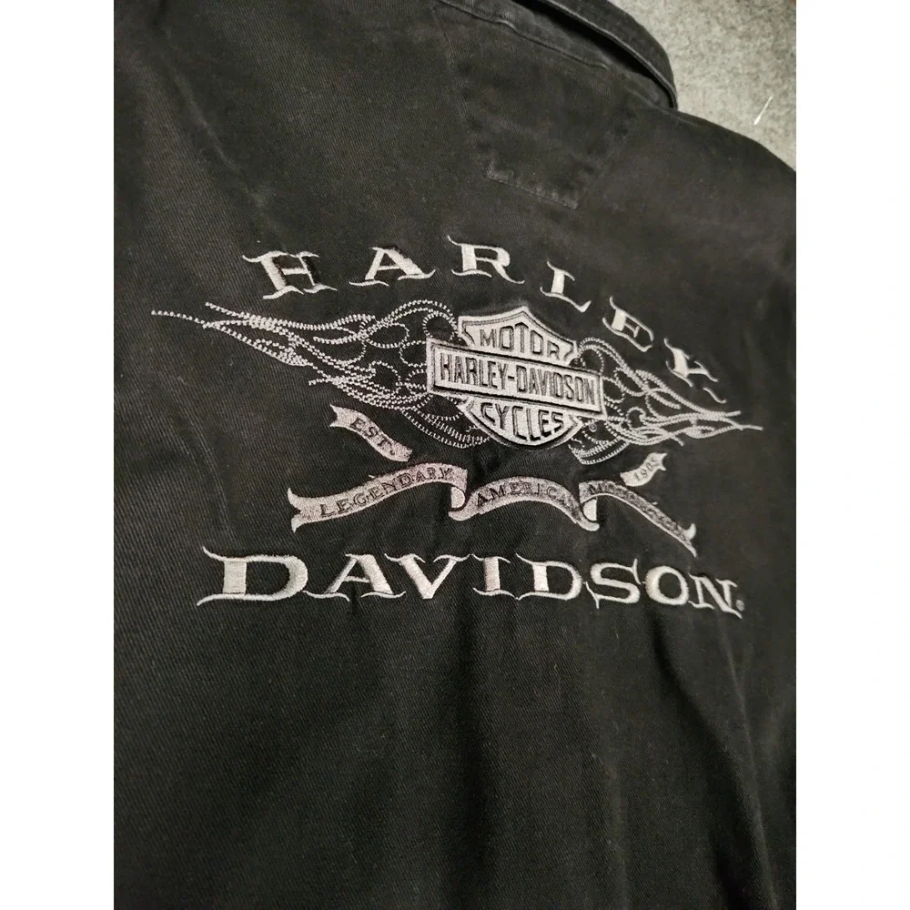 Harley Davidson Vintage 2003 Men Black Canvas Work Shirt Jacket Logo 96120-04VM